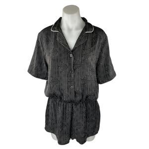 DKNY Black White Striped Geometric Short Sleeve Button Up Romper Shorts Size S